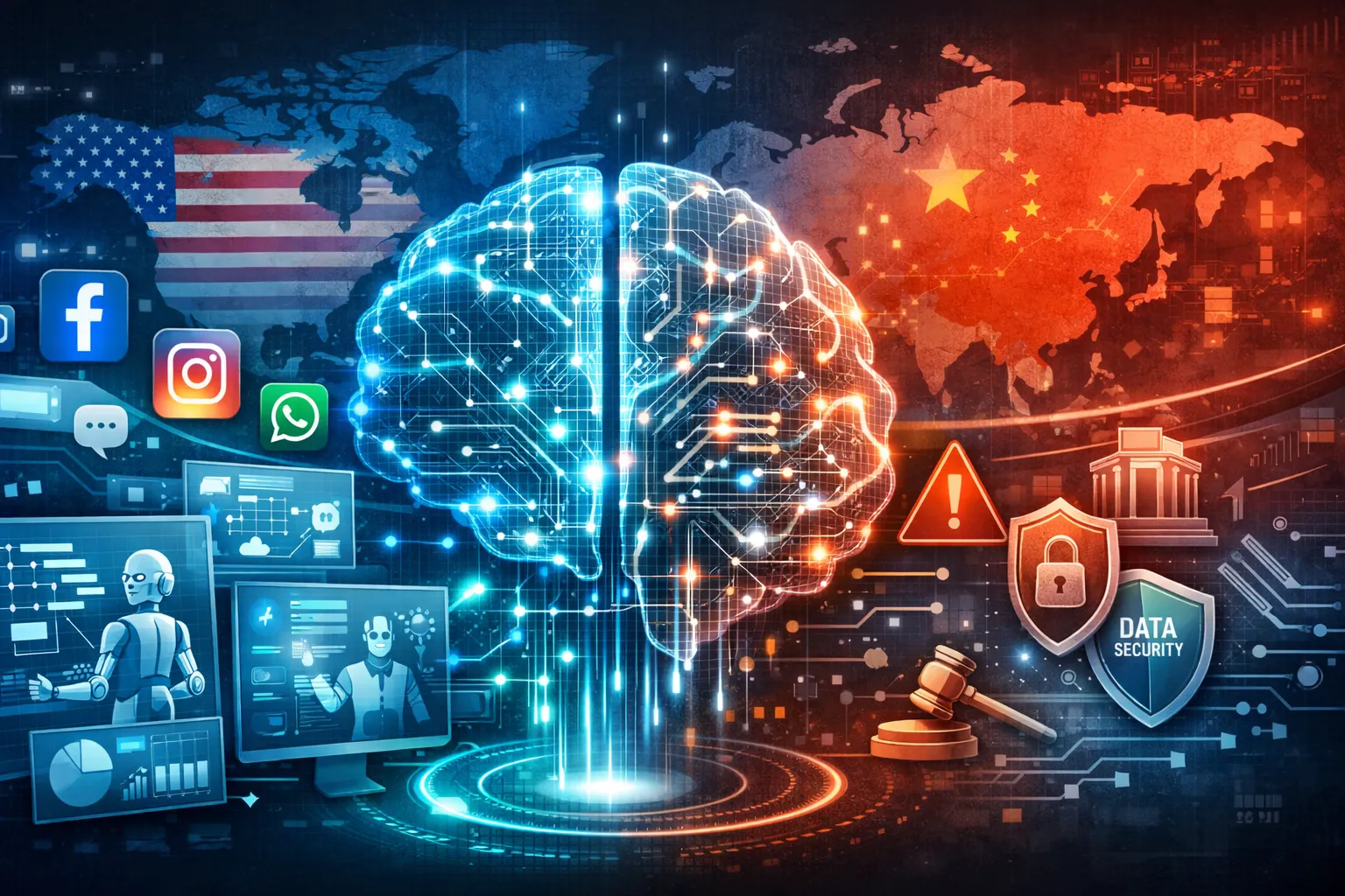 Titelbild zur Meta Manus Übernahme mit digitalem KI-Gehirn, Social-Media-Plattformen und geopolitischen Symbolen zu Datensicherheit und Regulierung.