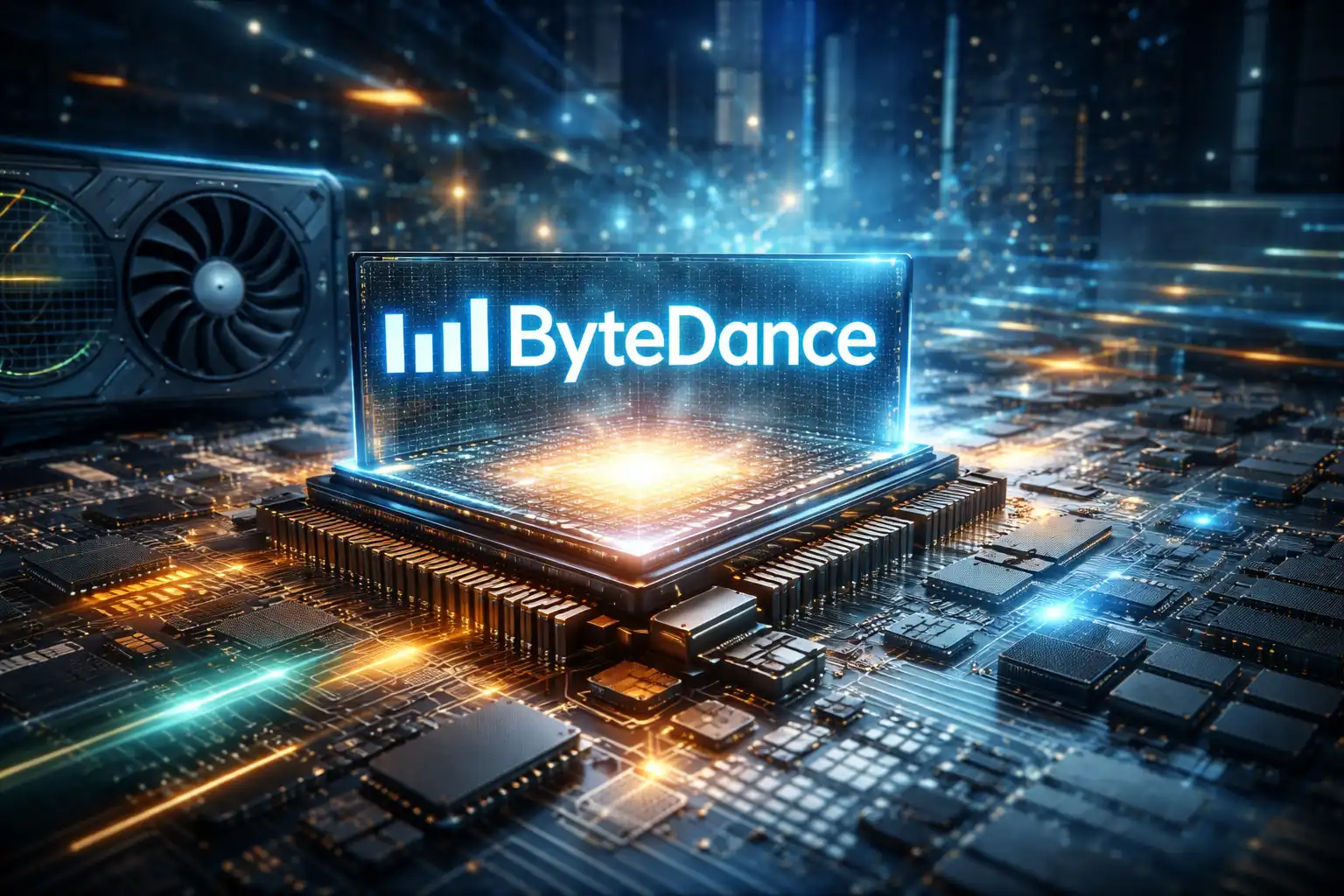 Fotorealistisches KI-Chip-Motiv zu ByteDance KI-Investitionen mit leuchtendem Prozessor und moderner Dateninfrastruktur