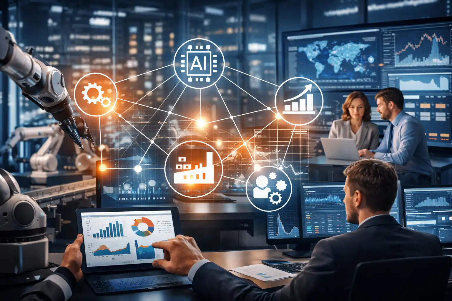 Automation in Unternehmen mit vernetzten Datenanalysen, KI-Systemen und automatisierten Prozessen zur besseren Entscheidungsfindung