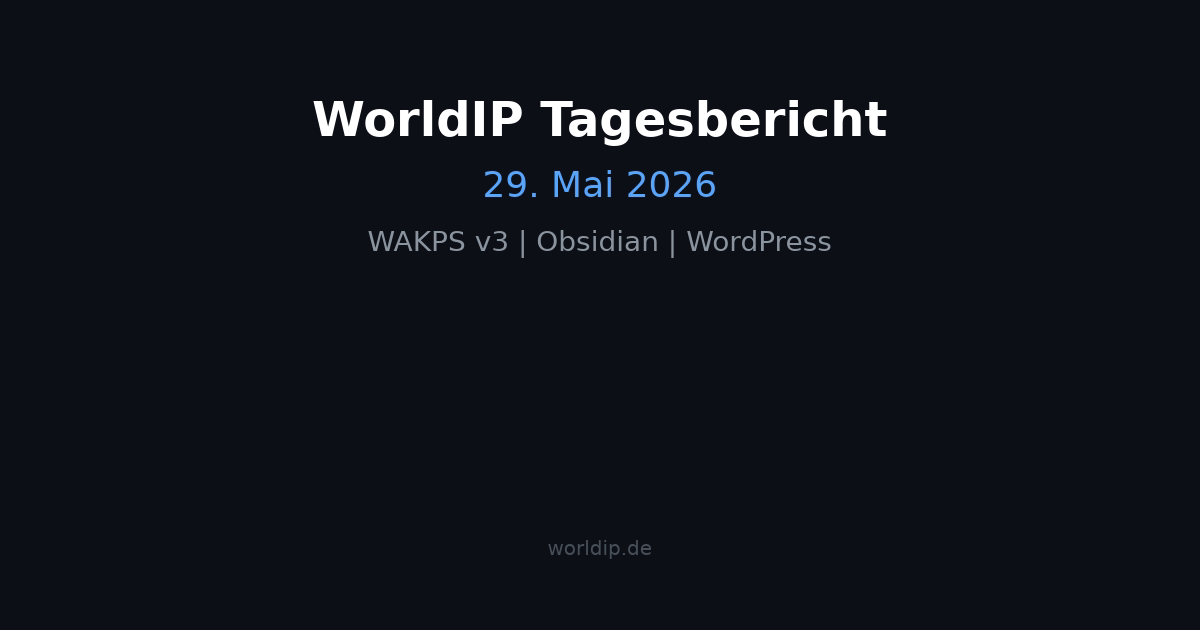 WorldIP Tagesbericht 29. Mai 2026 | WAKPS v3 Inbetriebnahme, Obsidian-Migration und WordPress-Integration