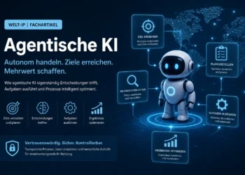Professional 16:9 blog header image for WorldIP article about Agentic AI