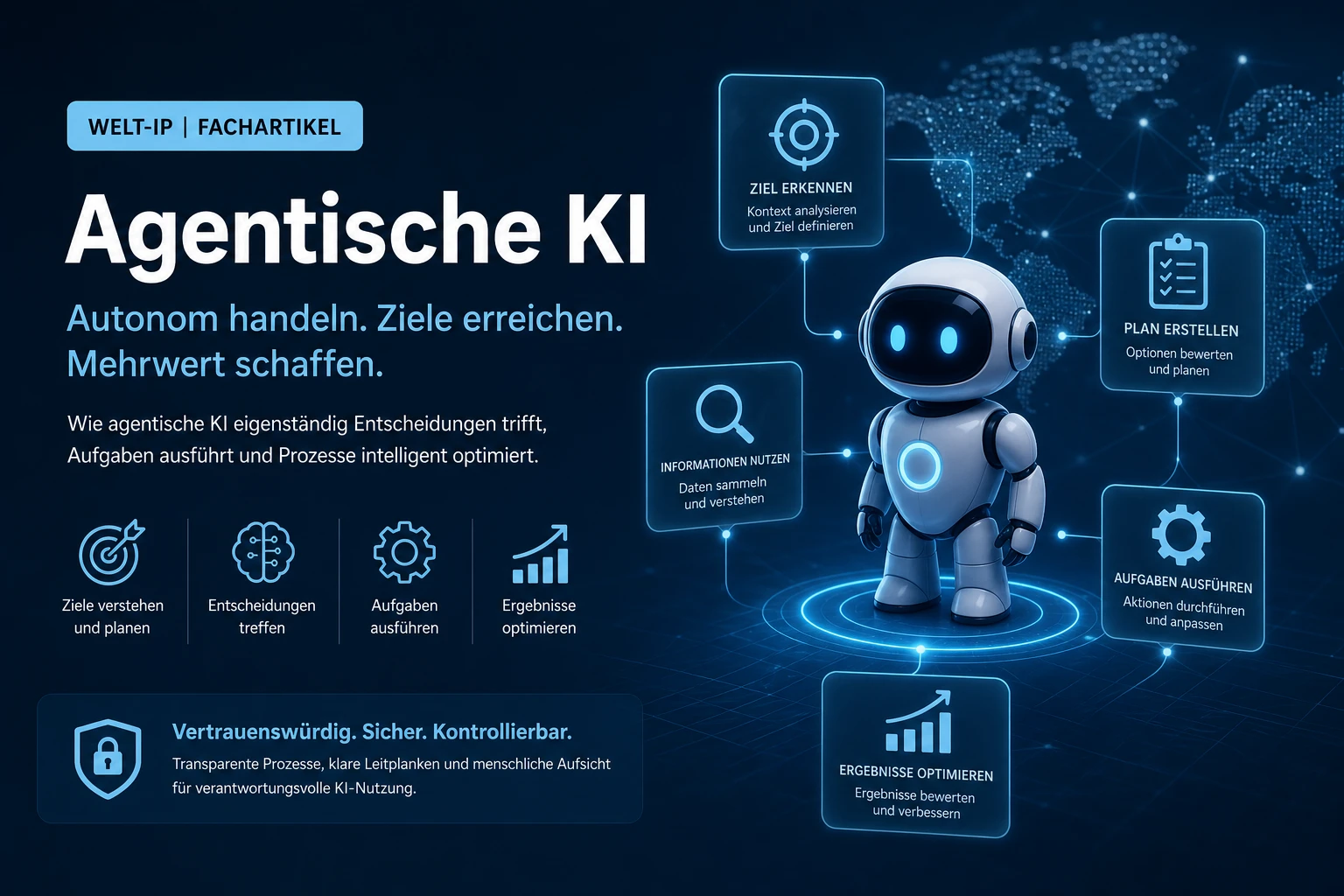 Professional 16:9 blog header image for WorldIP article about Agentic AI